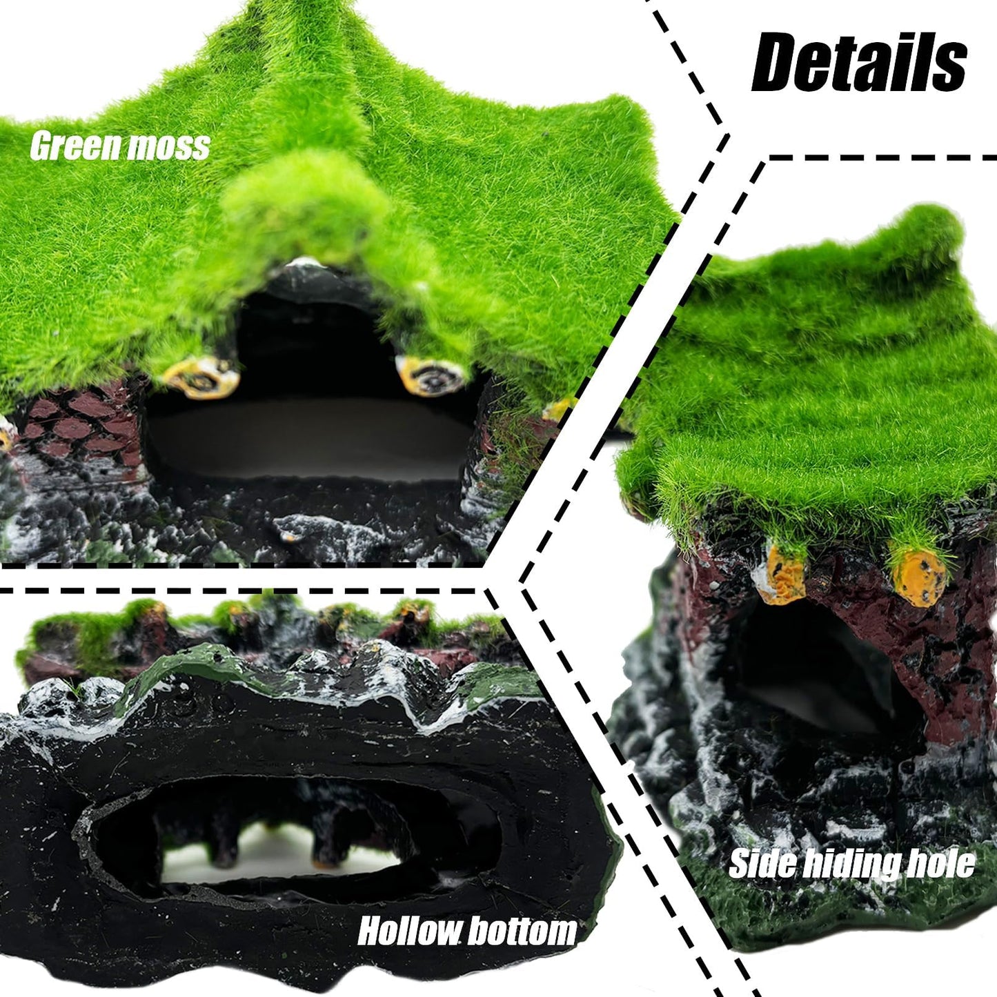 Aquarium Decoration House Resin Hollow Hideout House, Betta Fish Hide Accessories Cave Ornament Tank Small Fish Hideaway with Moss