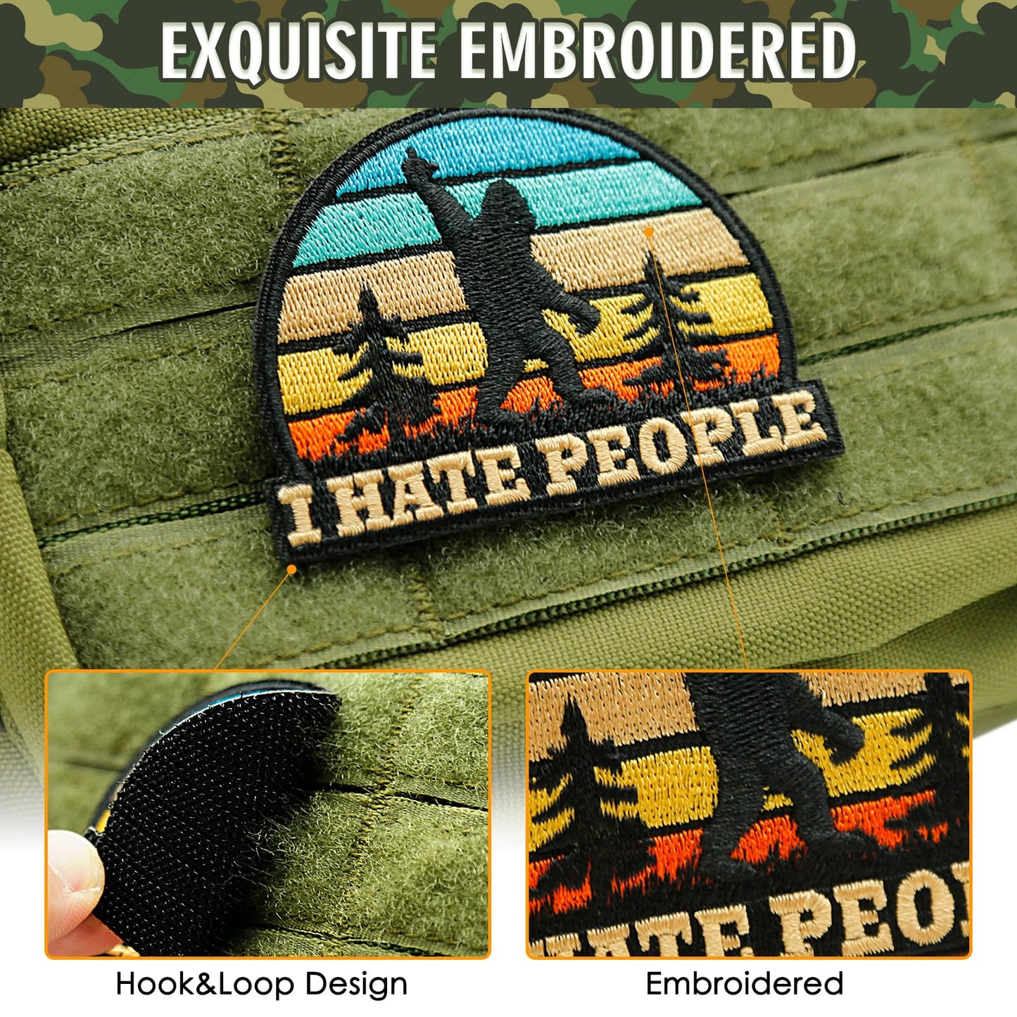 XMJY I Hate People Patch, Sasquatch Bigfoot Embroidered Hook and Loop Patches, Funny Sarcastic Morale Patches, Cute Applique Accessories for Backpacks, Vests, Jackets, Jeans, Hats, Gym Bags