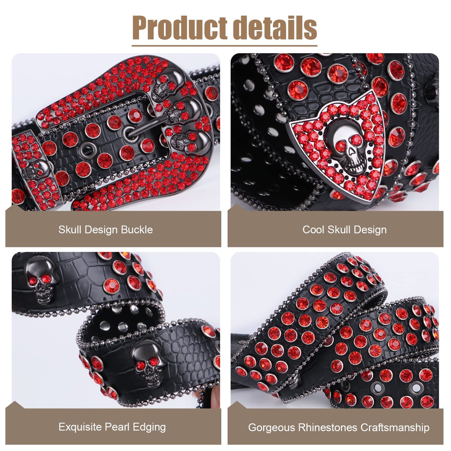 FIORETTO Ceinture en cuir avec strass pour homme et femme, motif tête de mort, style western, diamant brillant, cow-girl, cowboy, pour jeans et pantalons, rouge