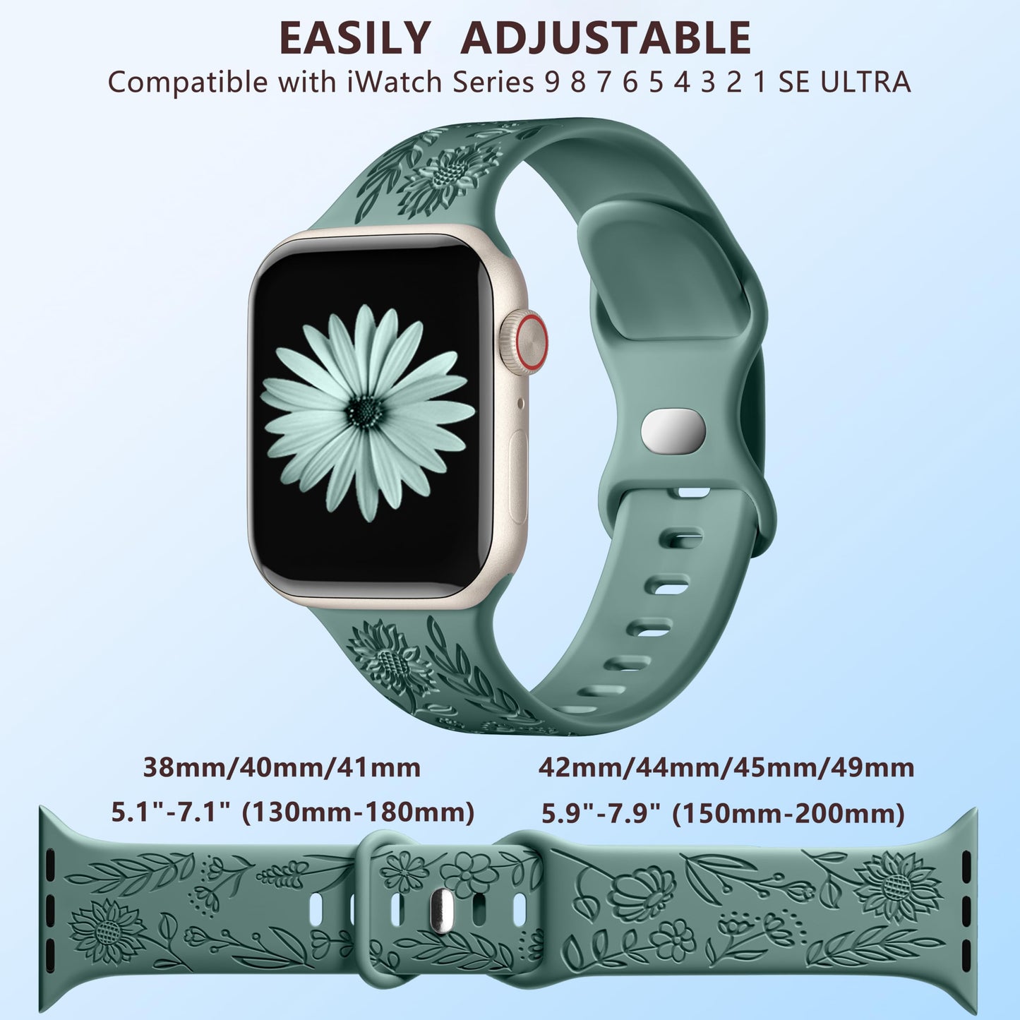 6 Pack Floral Engraved Bands Compatible with Apple Watch Bands 44mm for Women 40mm 41mm 45mm 49mm, Adjustable Comfortable Soft Silicone for iWatch Bands 38mm Womens Series