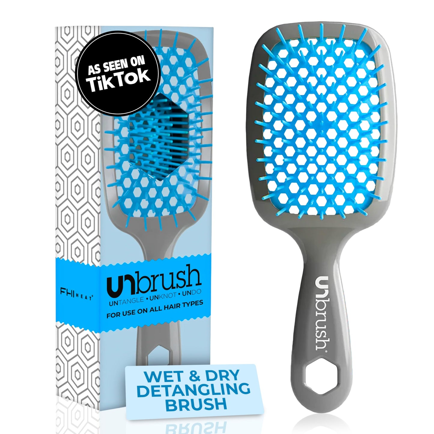 FHI Heat UNbrush Detangling Brush for Pain-Free Brushing on All Wet or Dry Hair Types — Durable DuoFlex Anti-Static Bristles, Lightweight Handle, Vented Hair Brush, Light Blue/Grey