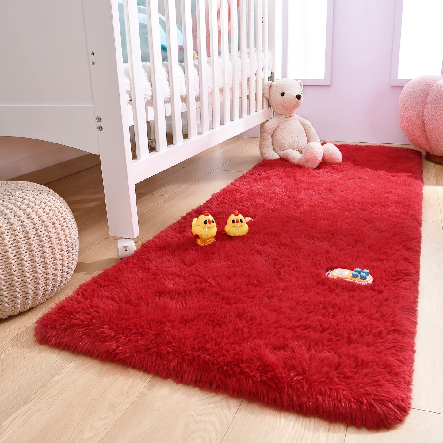 Red Rug 2x6 Feet - Fluffy Red Runner Rugs for Bedroom Shaggy 2' X 6' Living Room Rug Soft Rugs for Kids Room Non-Slip Nursery Office Dorm Washable Carpets Home Decor