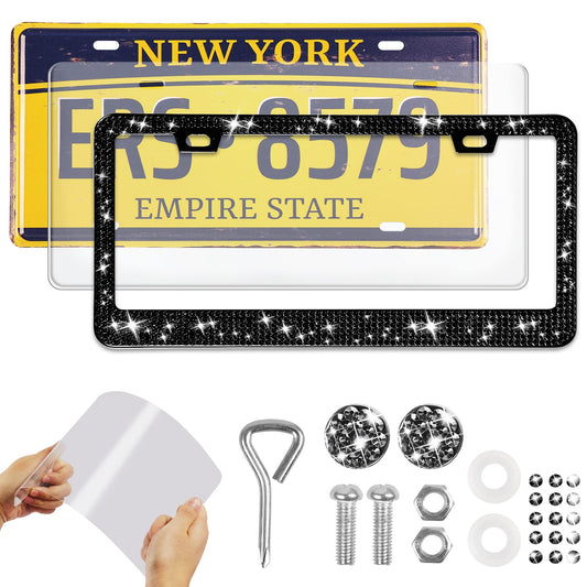 OTOEZ Black Bling License Plate Frame and Clear Cover Set for Women Sparkle Rhinestone Diamond License Plate Frame with Clear License Plate Protector for All Car Truck SUV (1 pc, Black)