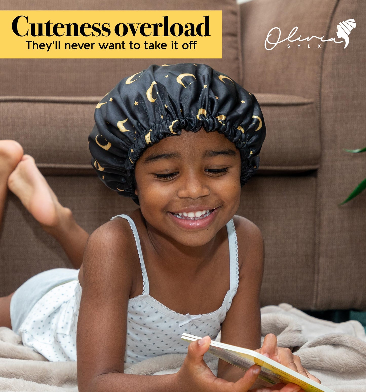 Olivia Sylx - Satin Bonnet & Toddler Silk Bonnet - Sleep Cap & Kids Bonnet for Girls, Hair Cover for Sleeping - Satin Sleep Cap, Adjustable (Gold Moon/Black, 0-3 Year)