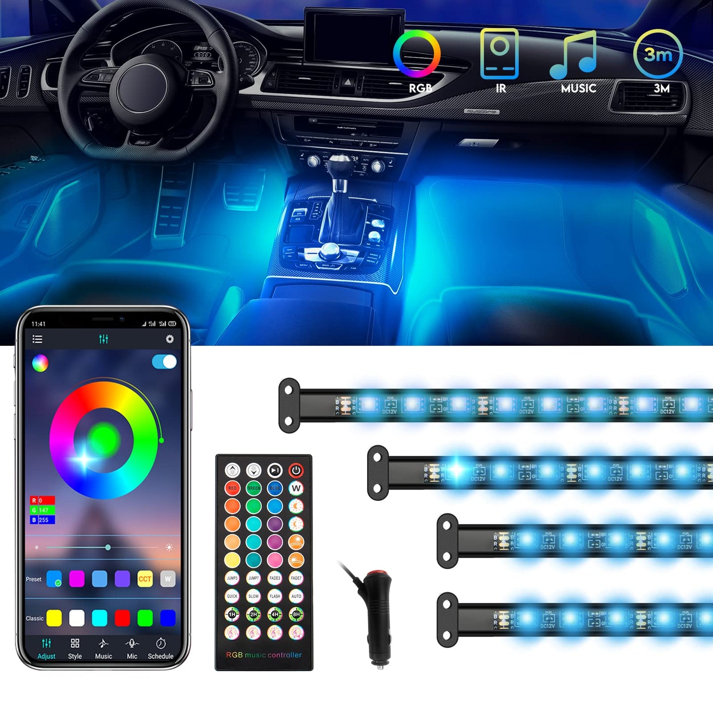 Éclairage intérieur de voiture NOVSIGHT, lampe d'intérieur de voiture à LED, bande lumineuse à 72 LED pour voiture, 16 millions de couleurs, éclairage intérieur contrôlable par application, avec allume-cigare (noir)