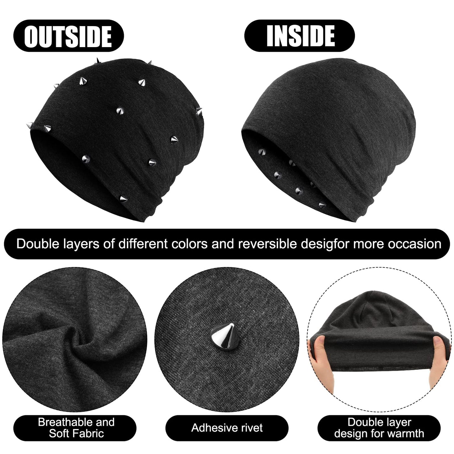 Winter Gothic Hat 2 Pieces Unisex Goth Beanie Rivet Rock Punk Hat Stud Spike Hats for Men Women, Black Gray (Rivet)