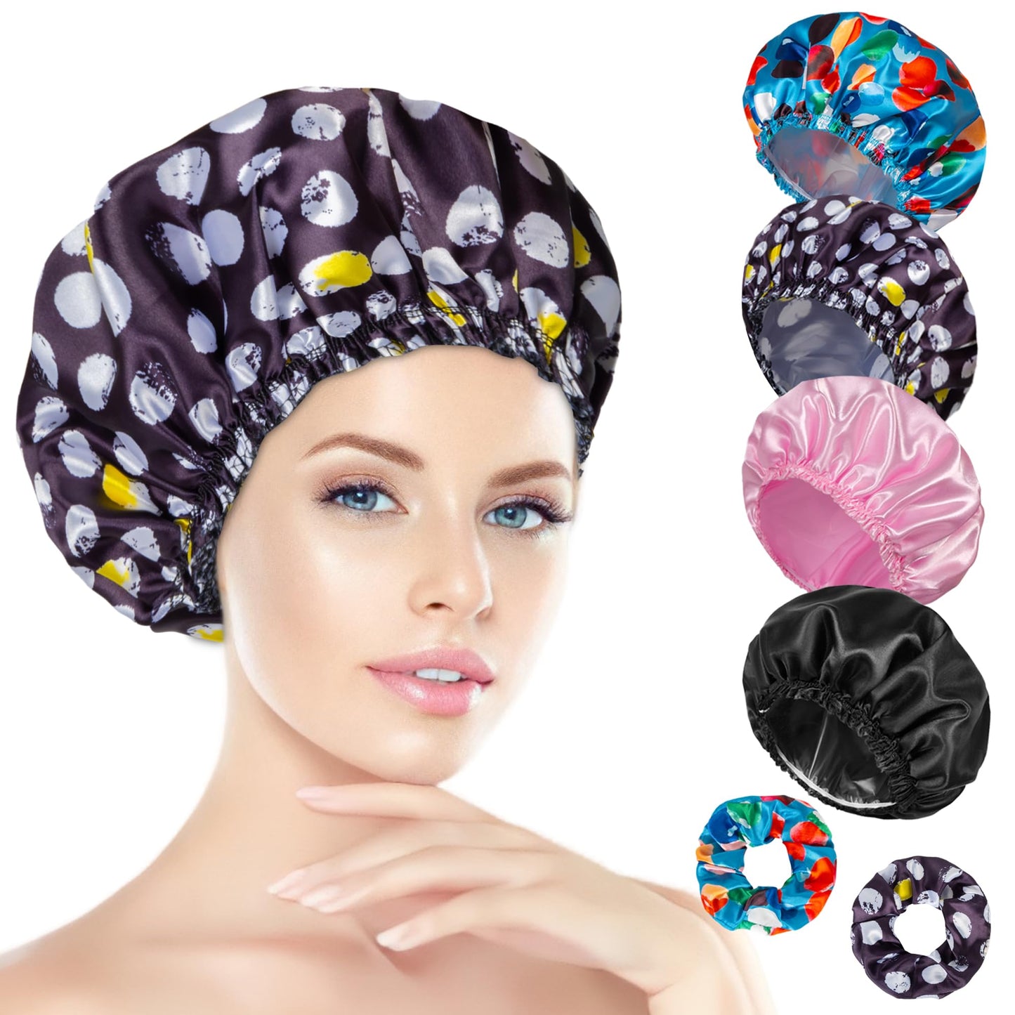 Shower Cap for Women Set of 4, Bath Caps, Double Layers Hair Caps + 2 Satin Hair Scrunchies, Reusable Waterproof Shower Caps, Elastic Hair Cap for Shower