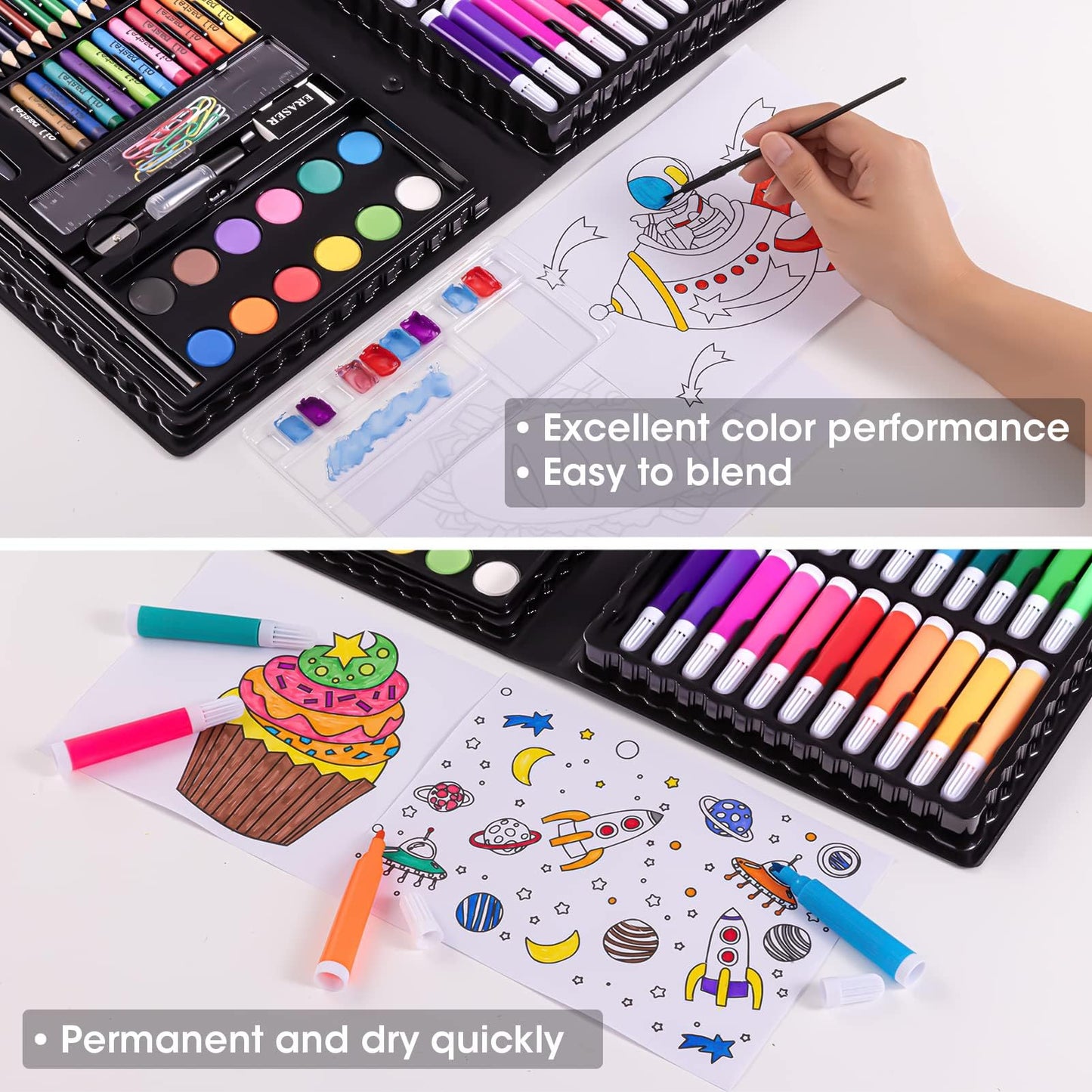 Art Set, VigorFun Art Supplies Drawing Painting Kit Includes Oil Pastels, Crayons, Colored Pencils, Watercolor Cakes, Gifts for Kids Girls Boys Teens (Black)