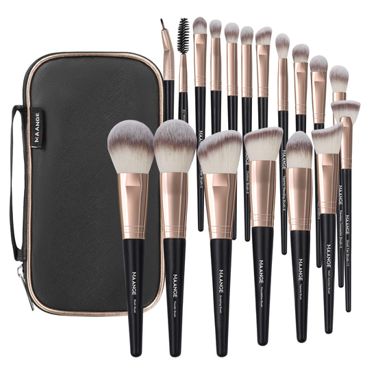 Makeup Brushes with Case, MAANGE 18 Pcs Professional Makeup Brush Set Premium Synthetic Face Kabuki Brush Kit Foundation Blush Powder Eyeshadow Brushes Set Christmas Gift（Coffee)