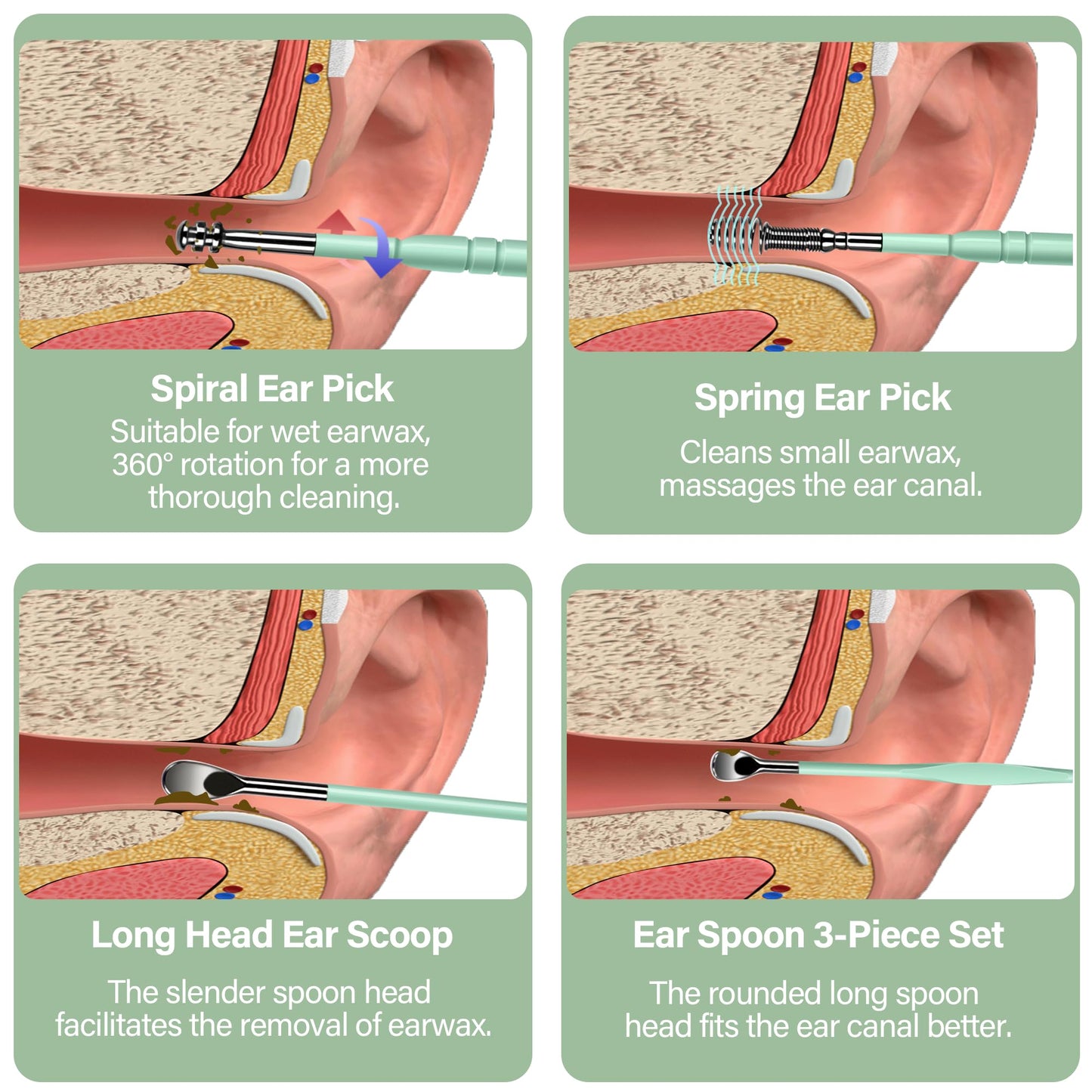 15 Pack Ear Wax Removal Tool Kit with Light - LED Ear Cleaning Kit, Ear Wax Removal for Kids and Adults, Ear Cleaning Tool, Ear Picker Spoon & Ear Tweezers & Spiral Spring Ear Spoon (Green)