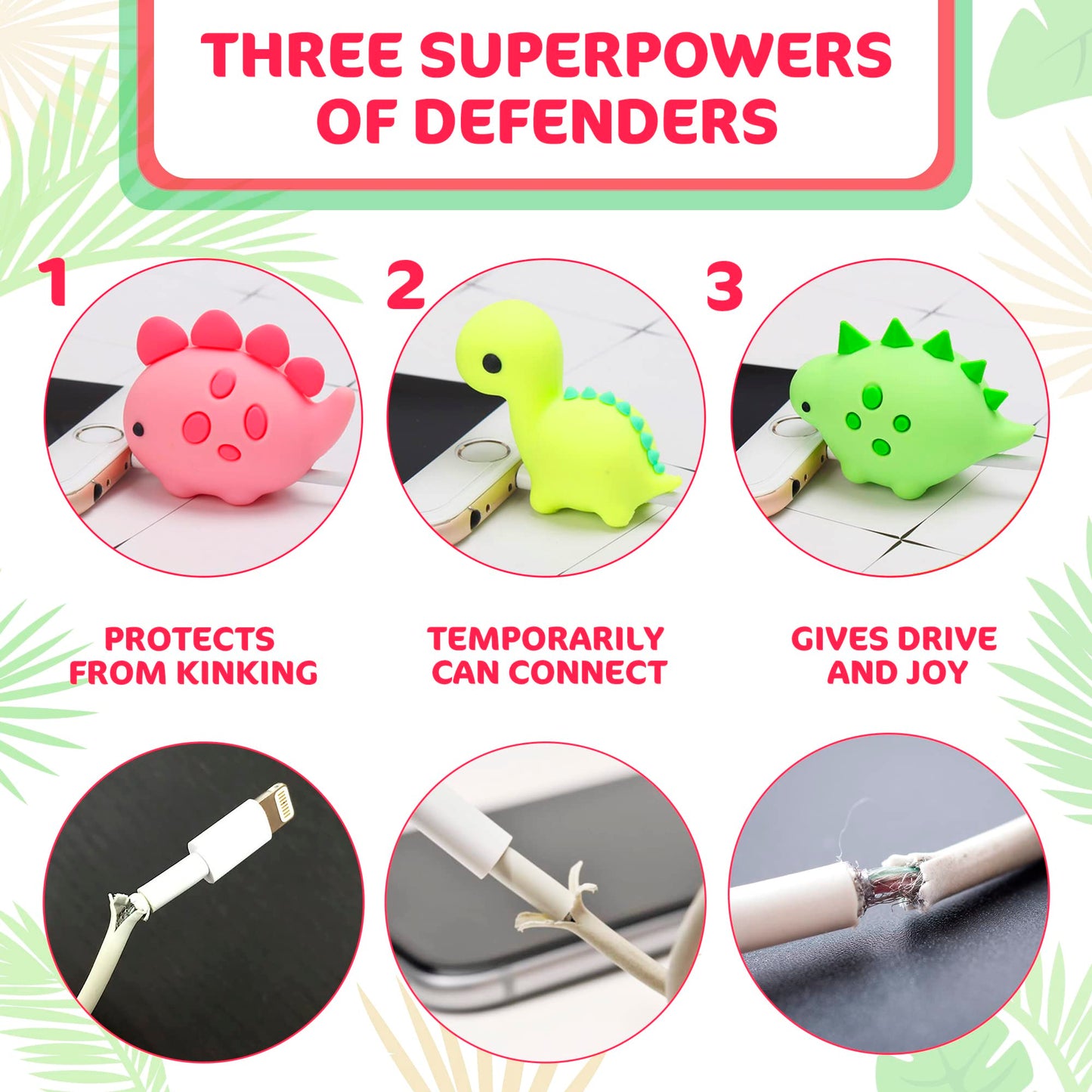 Phone Charger Protector for Cord – Set of 3, Cute Animal-Shaped USB Cable Protectors, Durable Cord Savers for Charging Cables