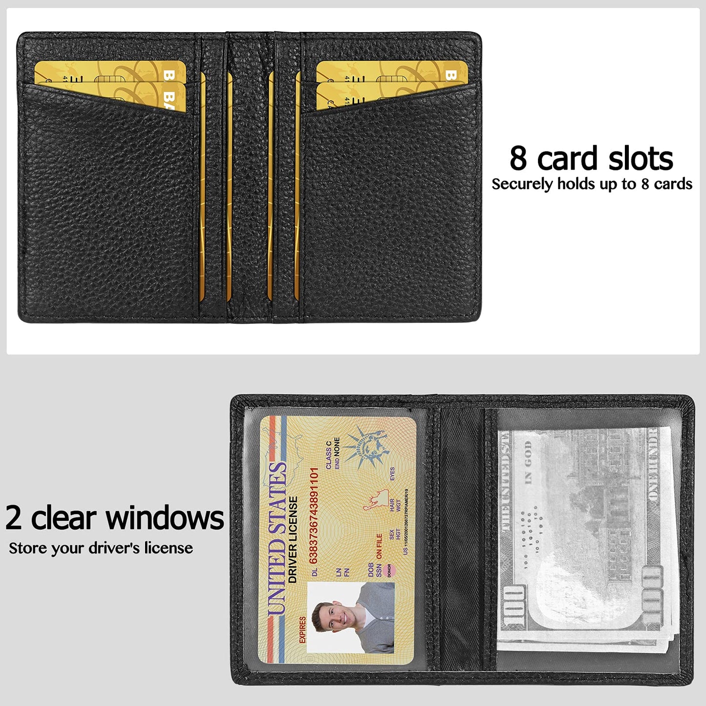 Billetera minimalista delgada: billetera de cuero premium con bloqueo RFID, bolsillo frontal, 8 ranuras para tarjetas y 2 ventanas para identificación, color negro