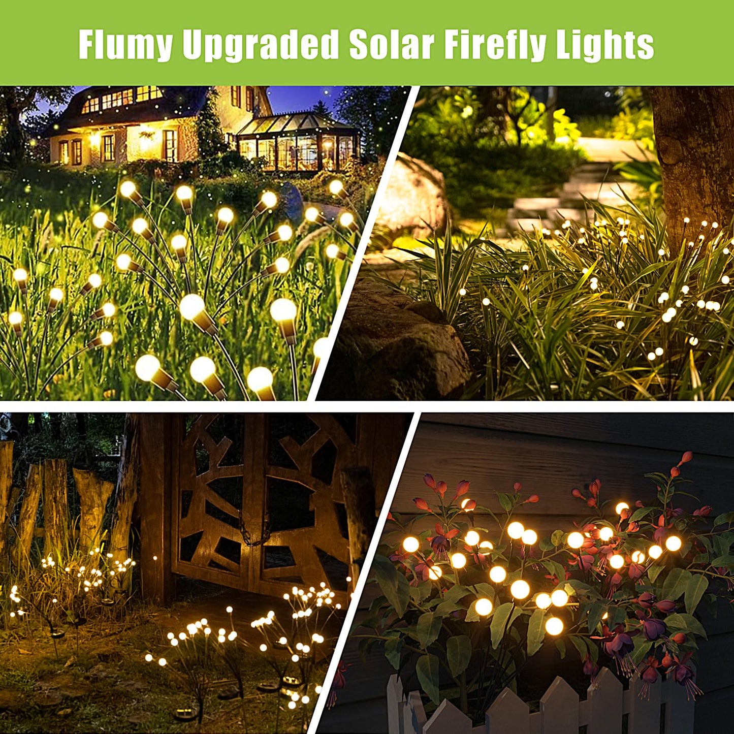 Flumy Solar Lights Outdoor Waterproof 2 Pack, Upgraded Outdoor Solar Lights for Yard Patio Garden Decor, Solar Lights for Outside Gardening Supplies, Firefly Garden Lights Solar Powered Outdoor