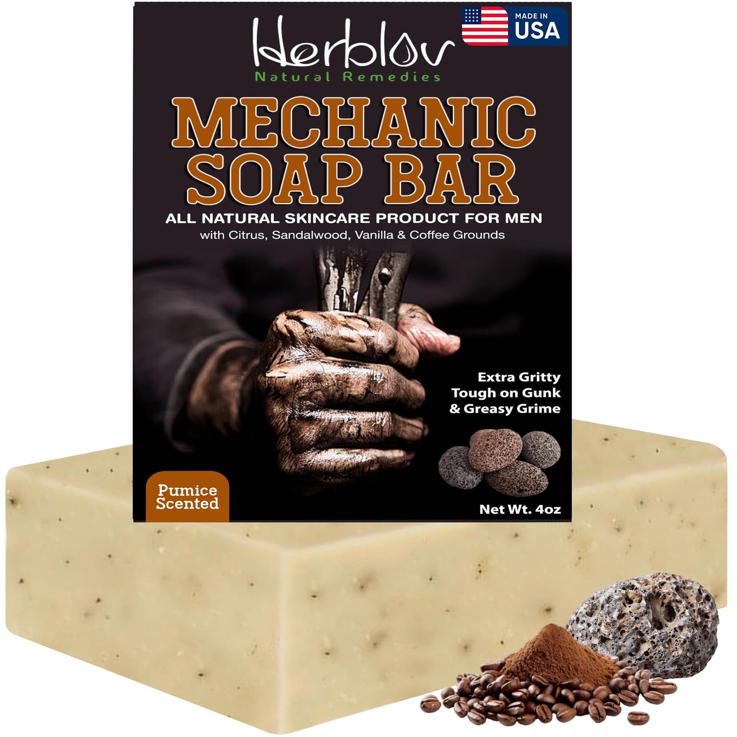 Mechanic Soap for Hands & Body – Natural Working Hand Soap Bar for Him – Heavy-Duty Extra Gritty Tough on Gunk & Greasy Grime Pumice Soap – Exfoliating Hand Cleaner for Mechanics, Made in the USA