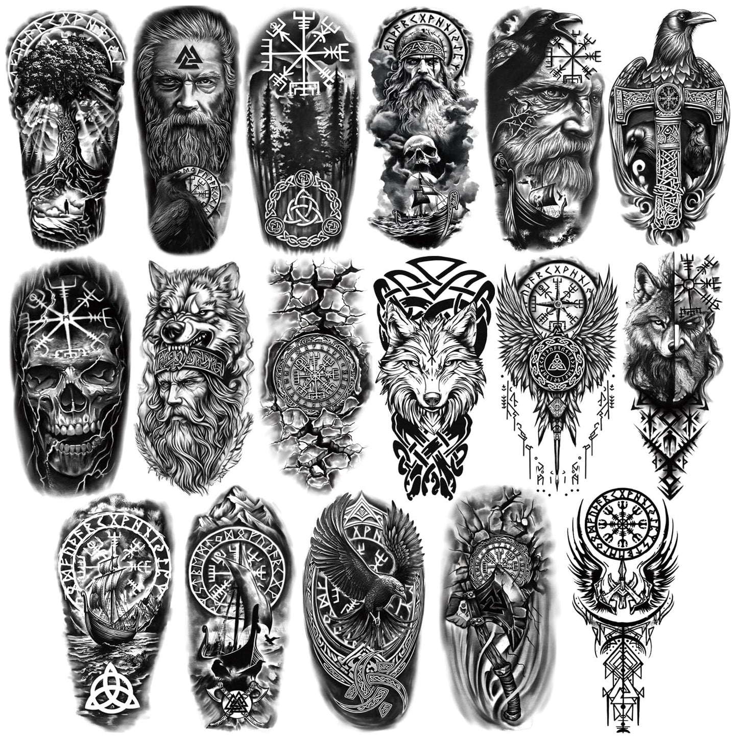 Viking Temporary Tattoos for Adults, 77 Sheets Viking Pirate Fake Tattoos for Men and Women, Black Large Tattoo Stickers for Body Makeup