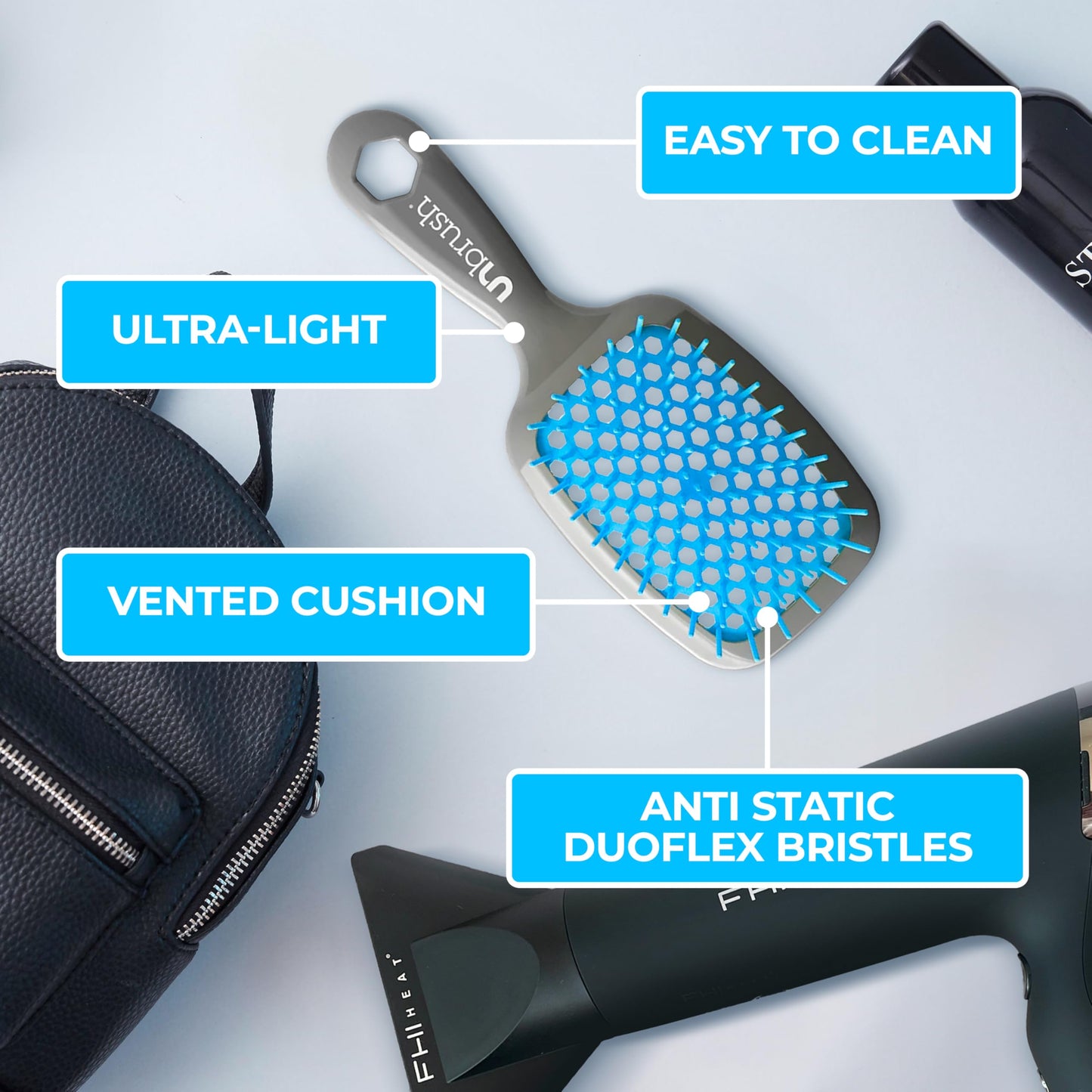 FHI Heat UNbrush Detangling Brush for Pain-Free Brushing on All Wet or Dry Hair Types — Durable DuoFlex Anti-Static Bristles, Lightweight Handle, Vented Hair Brush, Light Blue/Grey