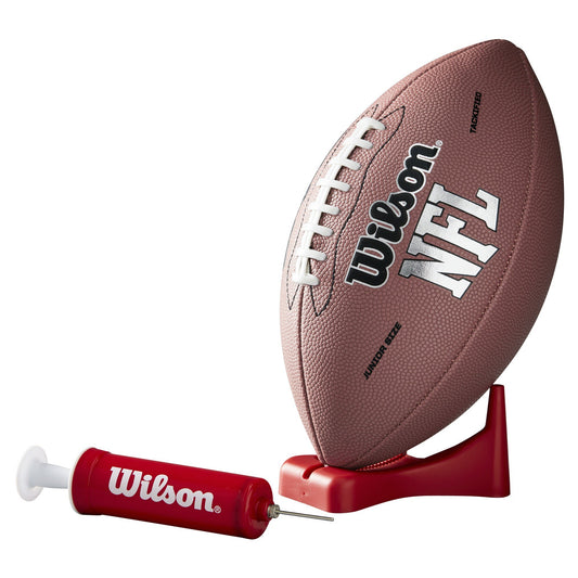 Balón de fútbol americano Wilson NFL MVP con bomba y soporte, talla juvenil, marrón