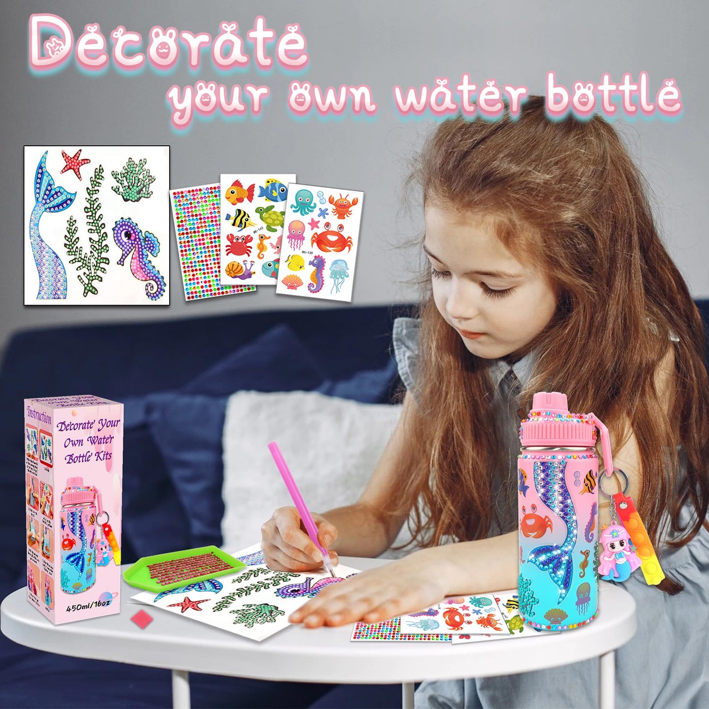 7july Decorate Your Own Water Bottle Kits for Girls Age 4-6-8-10 (Stainless Steel),Mermaid Themed Painting Crafts,Fun Arts and Crafts Gifts Toys for Girls Birthday Christmas