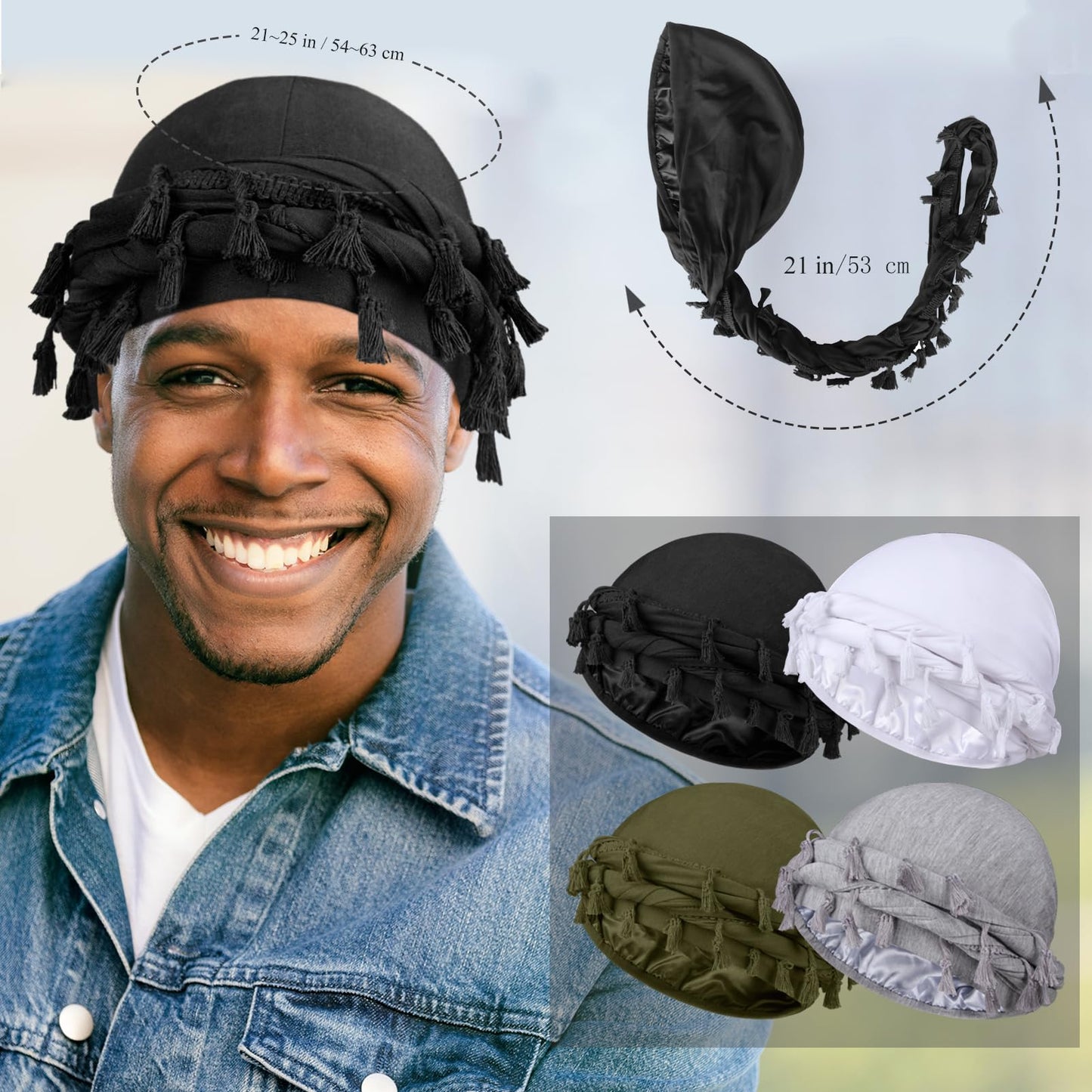 4 Pieces Satin Lined Turban Silky Head Wraps for Men, Halo Turban Mens Turban Head Scarf for Hair