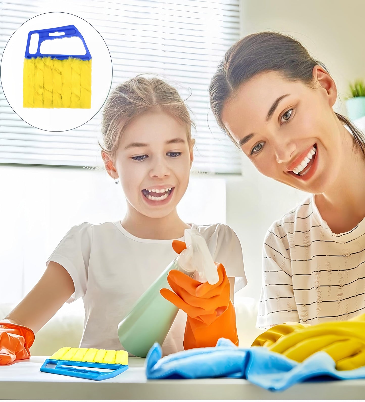 Mini nettoyeur de stores portatif bleu, brosse à rideaux, dépoussiéreur avec 7 manchons amovibles en microfibre, gadgets pour la maison, ventilation de voiture, volets de ventilateur (bleu, avec 7 lames)