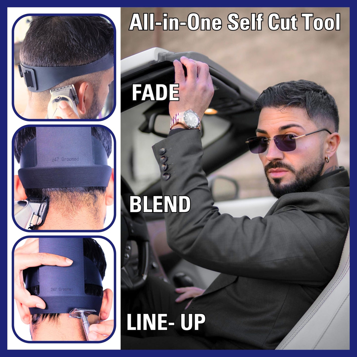 247 GROOMED Self Haircut Kit for Men | 2Pcs SelfCut Guide for Men: Neckline Shaving Template & Fade Guide | Adjustable Size Hair Fade Tool & Stable Neckline Template | Hair Cut for Kids & Seniors