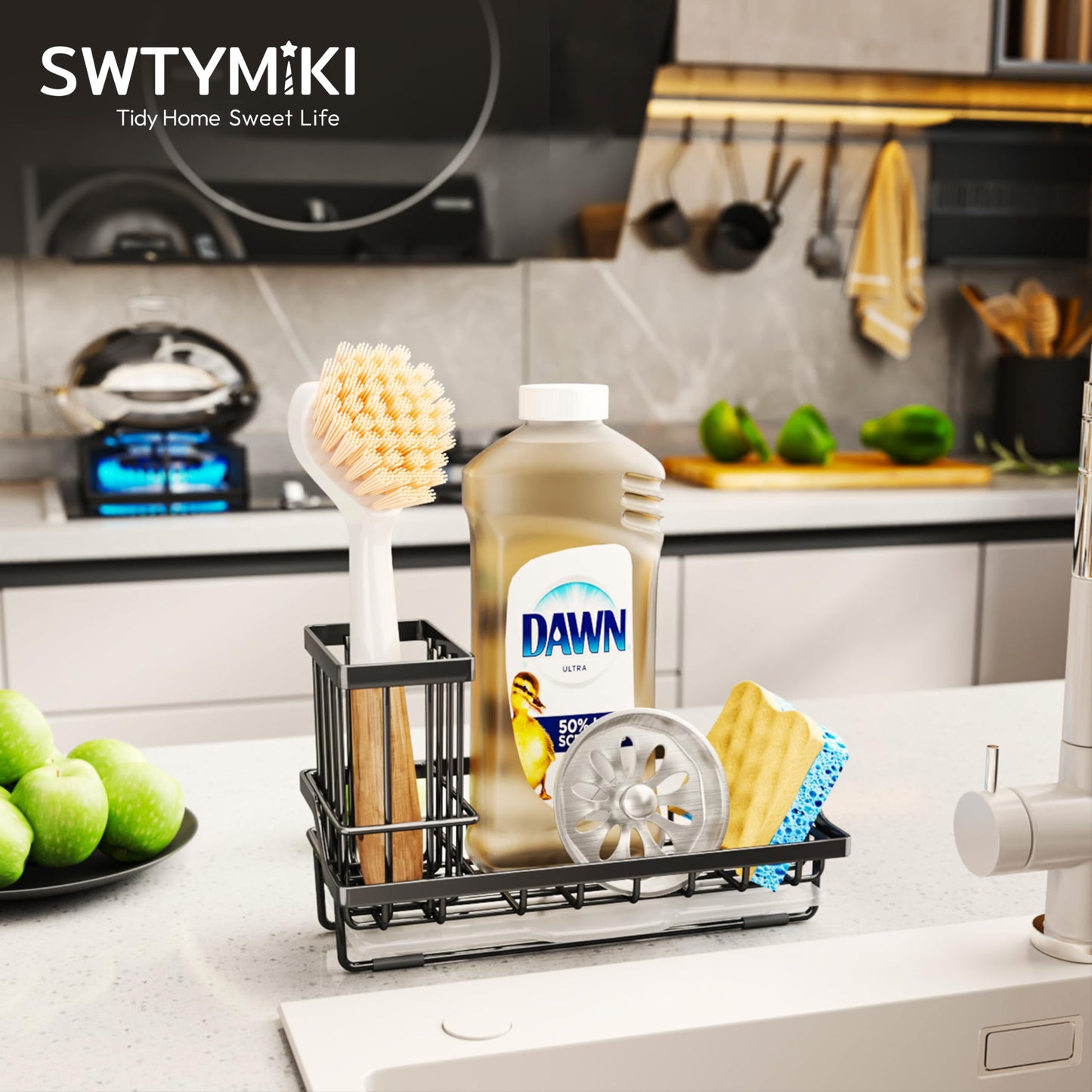 SWTYMIKI - Organizador de fregadero con soporte para esponjas y jabones para platos, acero inoxidable, color negro