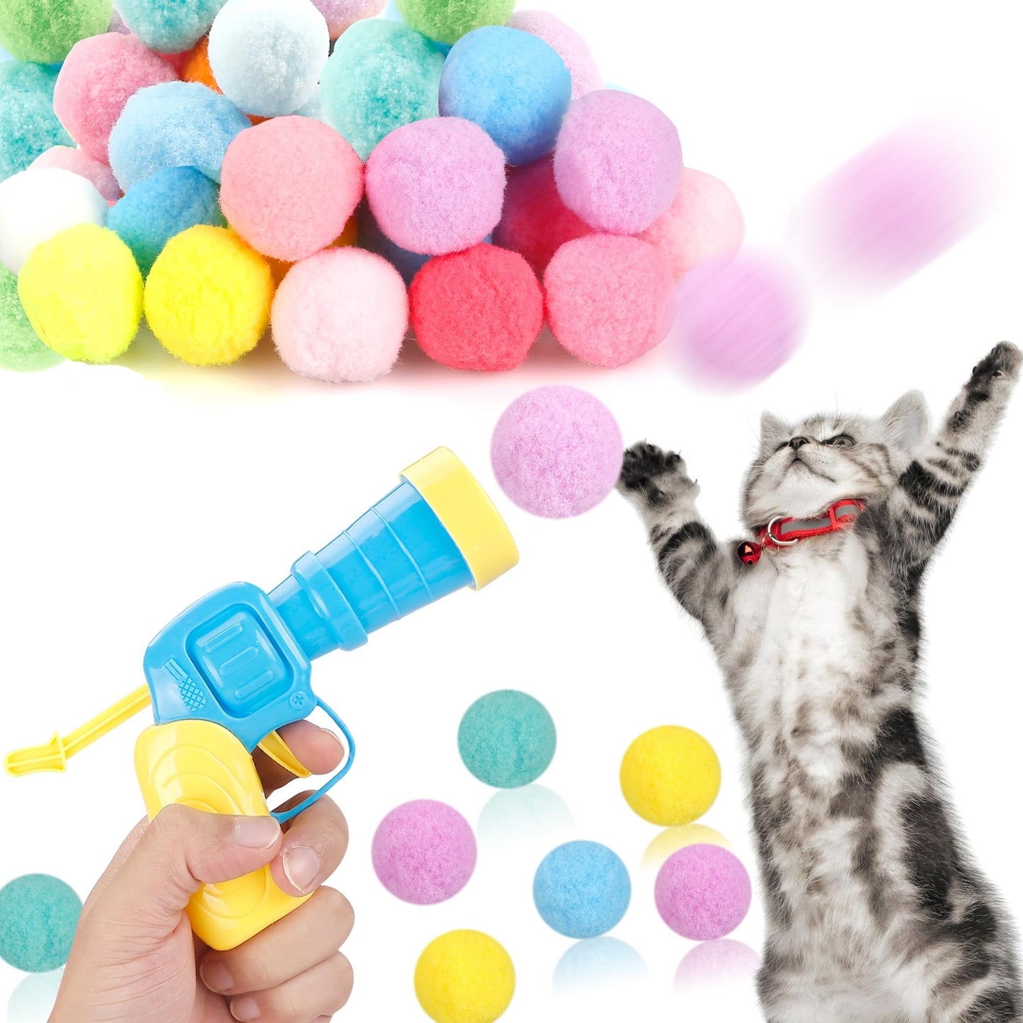 Lot de 31 lanceurs de balles pour chat, jouet à rapporter des balles pour chat, 30 lanceurs de balles en peluche pour chat avec 1 pistolet, jouets interactifs amusants pour chats adultes d'intérieur qui s'ennuient, jouets mignons pour chatons