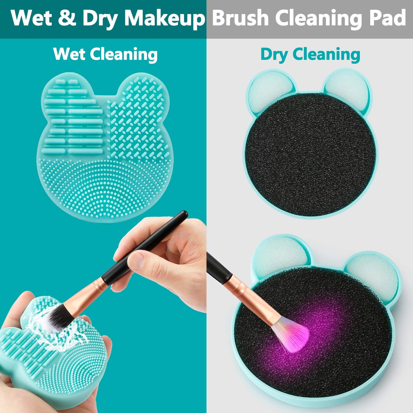 TailaiMei 2 Pack Makeup Brush Cleaning Mat with Color Removal Sponge, 2 in 1 Design Silicone Cleaner Pad for Dry Brush Color Switch and Wet Cleaning (Blue&Green)