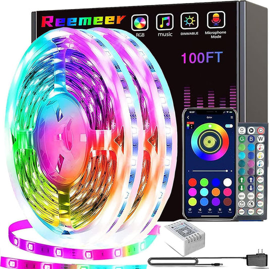 REEMEER Led Lights 100ft(2 Rolls of 50ft) Smart APP Control Music Sync Led Strip Lights RGB Color Changing Led Lights Strips with Remote Led Lights for Bedroom Kitchen and Party