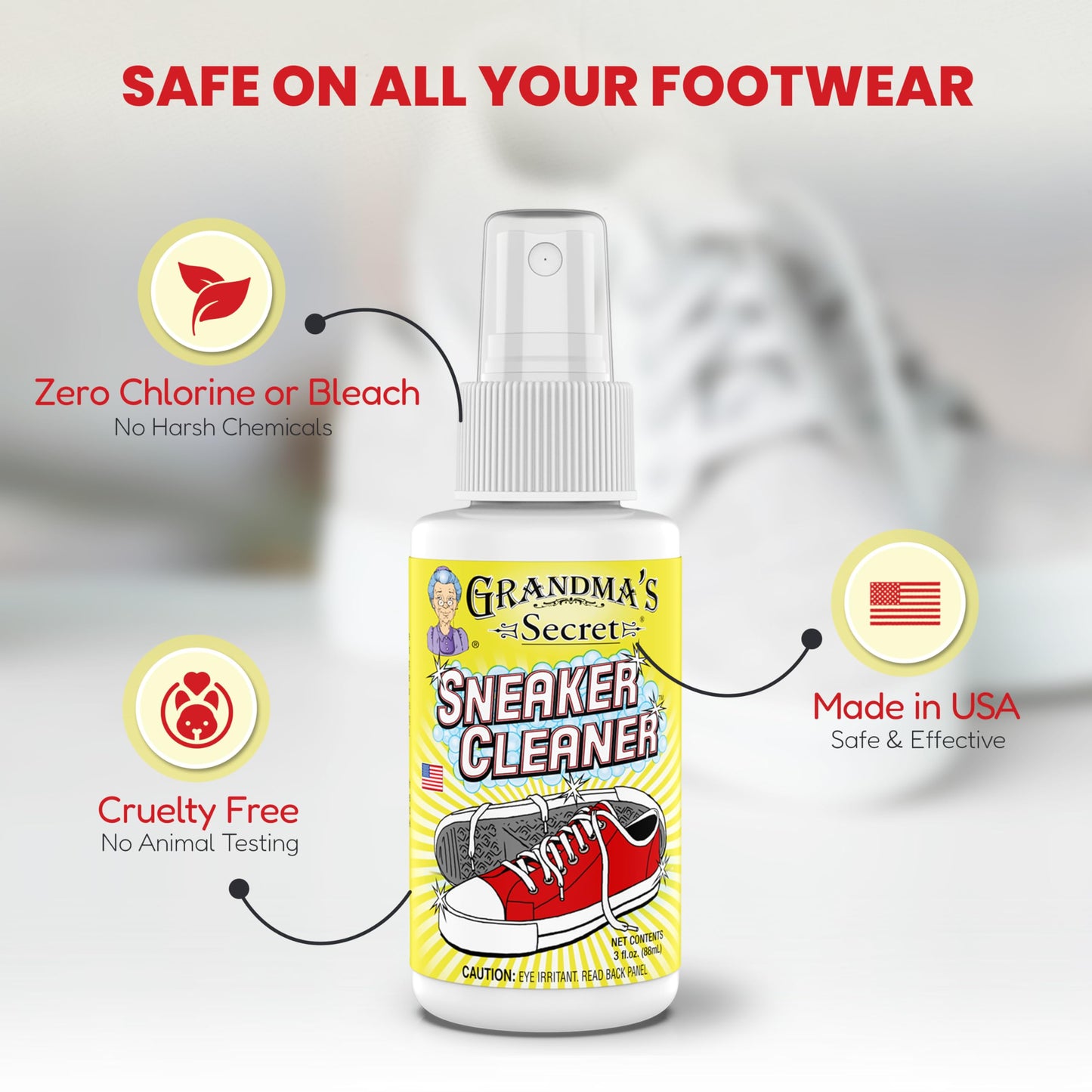 Grandma's Secret Sneaker Cleaner - Shoe Cleaner for Rubber, Canvas and Leather - Stain Remover Spray Removes Dirt, Grime and Grass - 3oz Sneakers Cleaner for Outdoor Shoes, Slippers and Moccasins