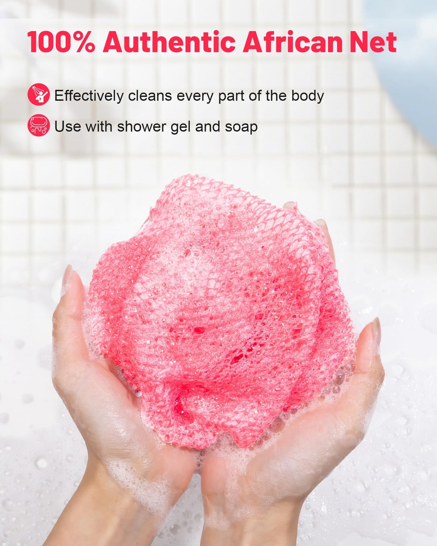 MTDLYICE African Net Sponge 2 Pack, Back Scrubber for Shower, XL 80CM Exfoliating Washcloth, African Net Sponge Authentic, Body Scrubber exfoliator Bath Accessories (Pink,Red)