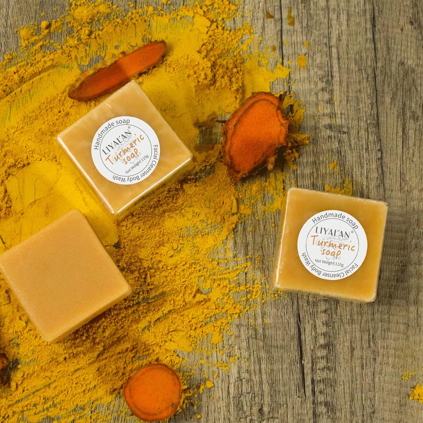 Barre de savon au curcuma LIYALAN pour le visage et le corps - Savon au curcuma, peau lisse, nettoyage en profondeur, savon naturel fait à la main, formule pour peau sensible, savon végétalien