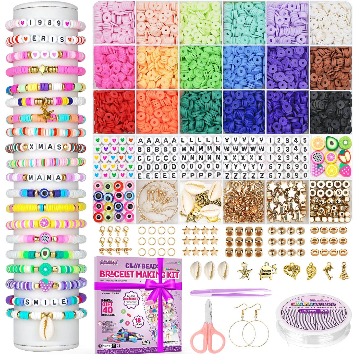 Kit de pulseras de la amistad Gionlion, kit de pulseras de concierto, 5200 piezas de cuentas de arcilla para principiantes, manualidades y manualidades para adolescentes, juguetes de regalo para niñas de 6 a 13 años