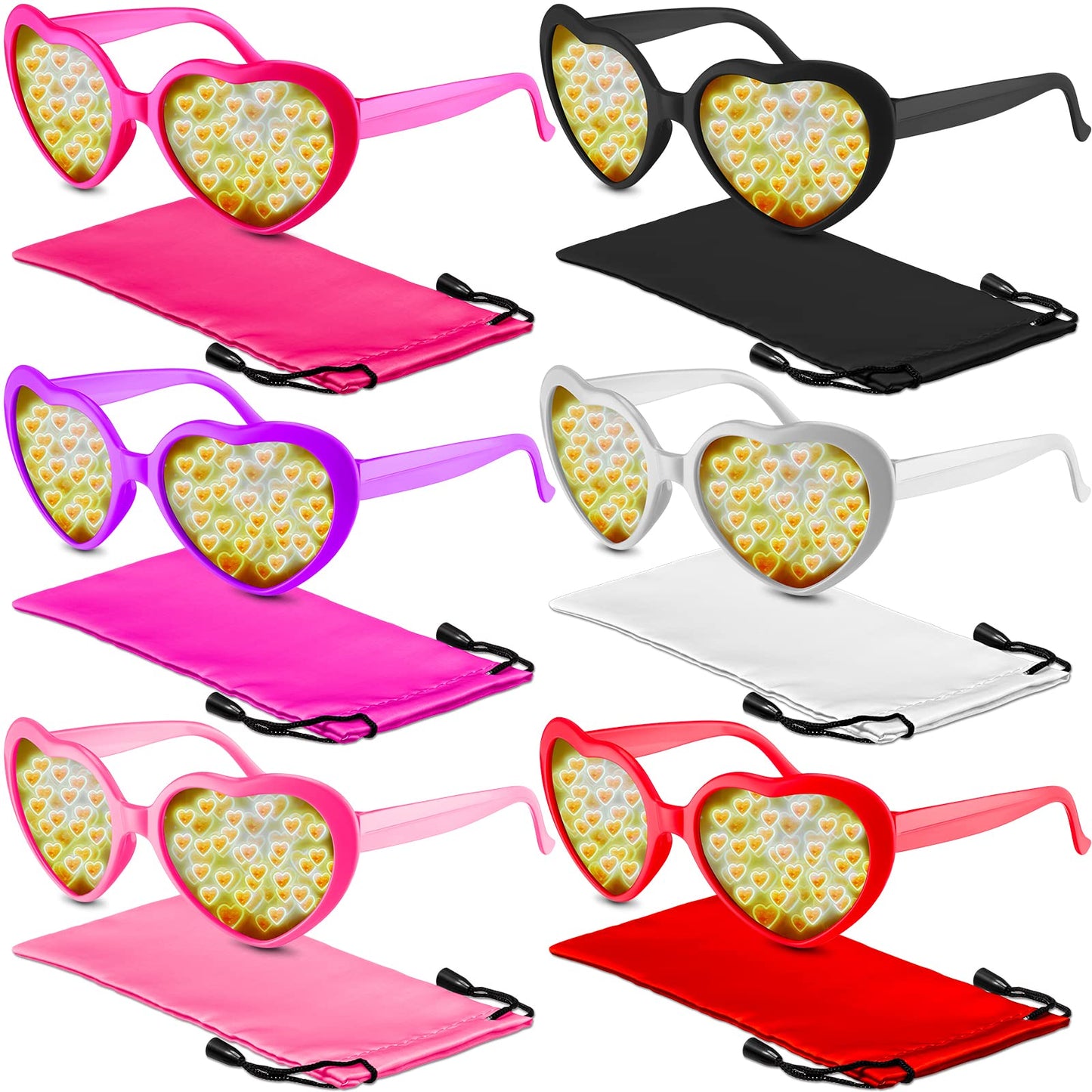 Konohan Lot de 6 paires de lunettes de soleil à effet cœur Diffraction Festival Rentrée scolaire Fête Lumière changeante Cœur et 6 pièces en microfibre Lunettes Gadgets Pochette de rangement fine et souple avec fermeture à cordon