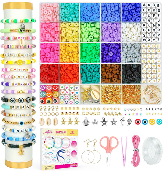 Kit de fabricación de pulseras de cuentas de arcilla Dowsabel para principiantes, 5000 piezas de cuentas de arcilla polimérica preppy con kit de dijes para hacer joyas, manualidades y bricolaje, regalos de cumpleaños, juguetes para niños de 6 a 13 años