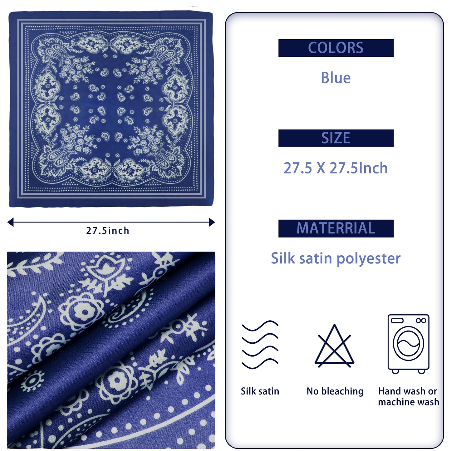 DOOBO 1 Pcs 27.5 Inches Satin Head Scarf Hair Scarf Silk Head Scarf Silk Bandana Silk Hair Wrap Neck Scarf Square Scarf for Women Girls(Blue)