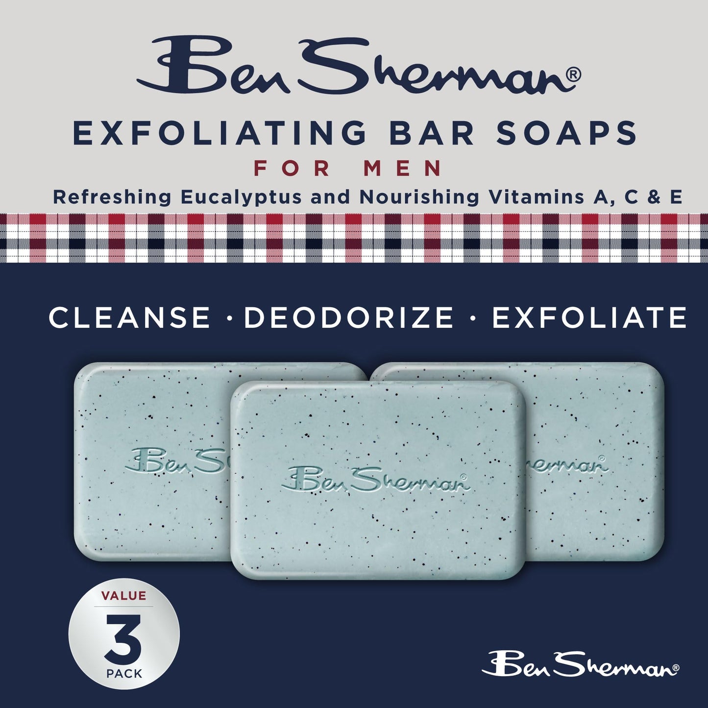 Ben Sherman Bar Soap for Men 3 Pack Men's Bar Soap, Exfoliating Body Soap Bars – Refreshing Eucalyptus