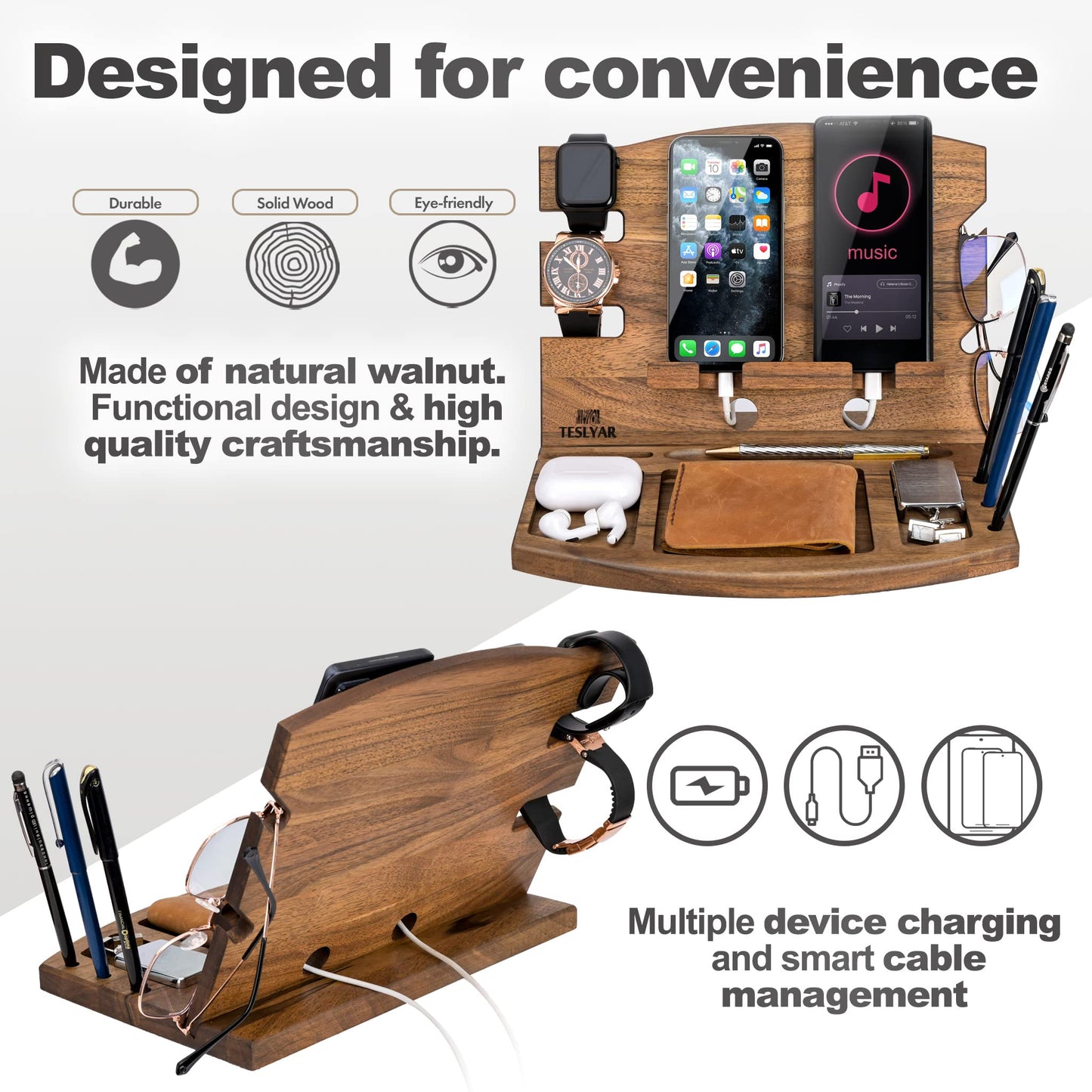 TESLYAR Gifts for Man Natural Walnut Wood Phone Docking Station Phone Key Holder Wallet Stand Watch Organizer Men Husband Wife Anniversary Dad Birthday Nightstand Purse Father Graduation