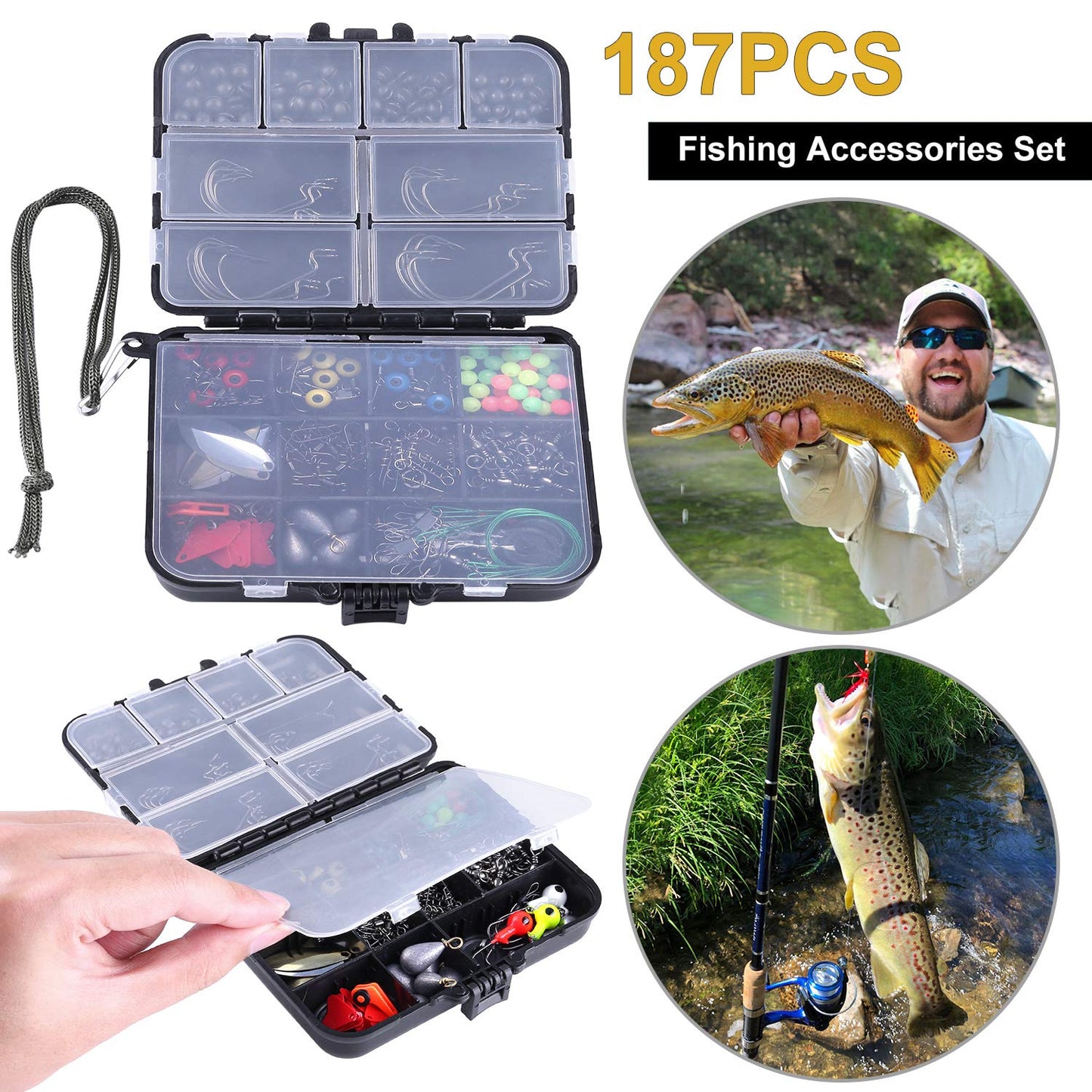 TOPFORT 187/343 piezas Kit de accesorios de pesca, caja de aparejos de pesca con aparejos incluidos, anzuelos, pesas de plomo para fundición de lubina, broches giratorios de pesca, toboganes de plomo, equipo y equipo de pesca