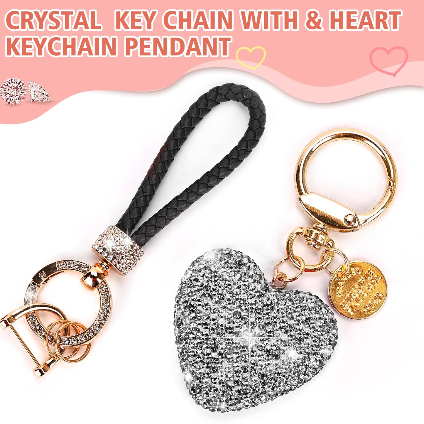 Porte-clés de voiture pour femme avec strass en forme de cœur Bling Girl Cute Keychain pour Noël, cadeau personnalisé (A-Noir)