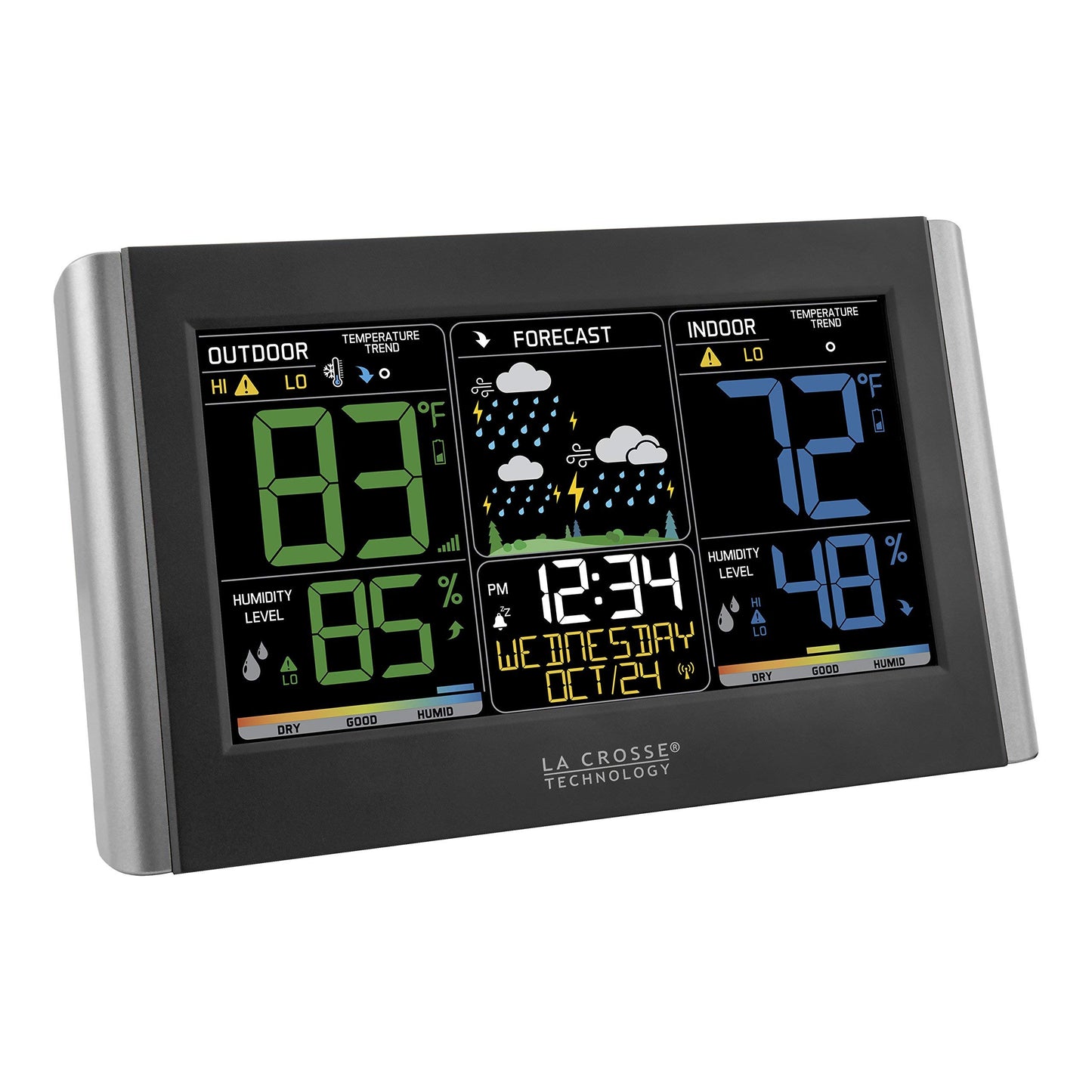 Station météo La Crosse Technology avec alertes personnalisables, prévisions météo, température, point de rosée, humidité, heure, indice de chaleur, grand écran, luminosité réglable, sans fil, noir, C85845-INT