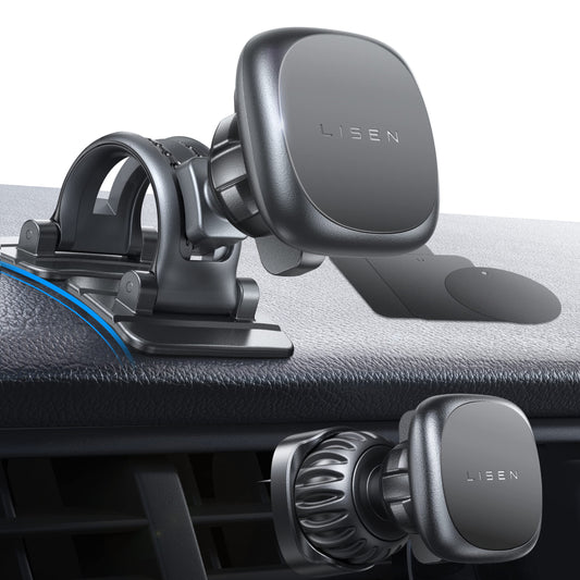 LISEN Support de téléphone magnétique pour voiture [6 aimants puissants] Support de téléphone de voiture, base remplaçable, support de téléphone pour grille d'aération de voiture, compatible avec tous les smartphones et tablettes - Noir