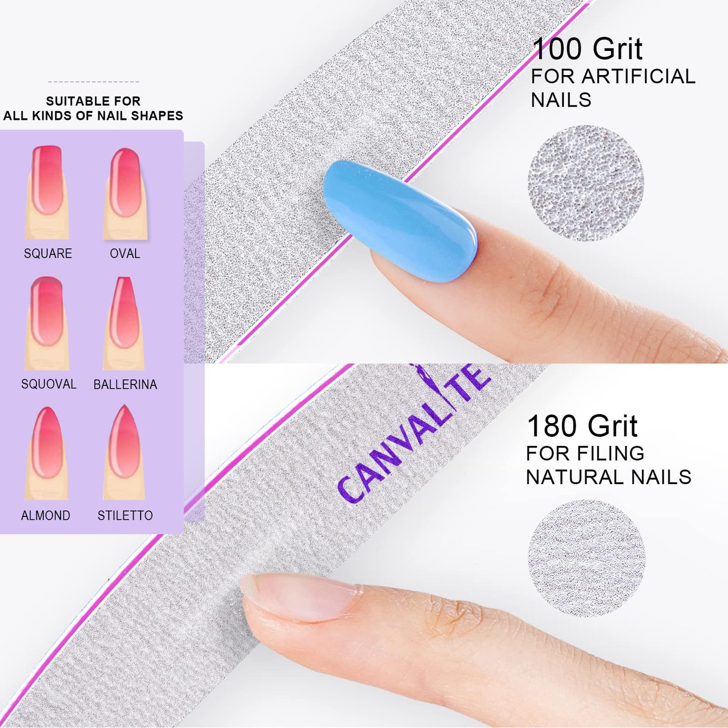 Canvalite - 10 limas de uñas profesionales reutilizables de doble cara (grano 100/180), herramientas para estilizar uñas para uso doméstico y en salones, regalos de Navidad para mujeres