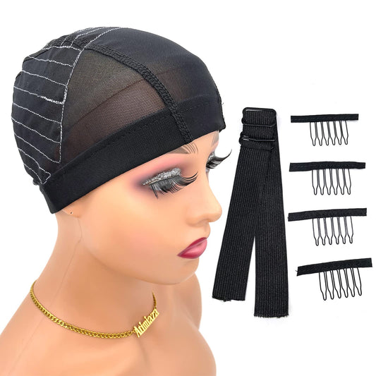 Atimiaza Wig Cap with Guideline Map for Wig Making, Stretchable Mesh Dome Caps with 1 Elastic Band and 4 Wig Combs for Beginners Sewing Wig (Medium: 21"-22", 13 * 4 Frontal)