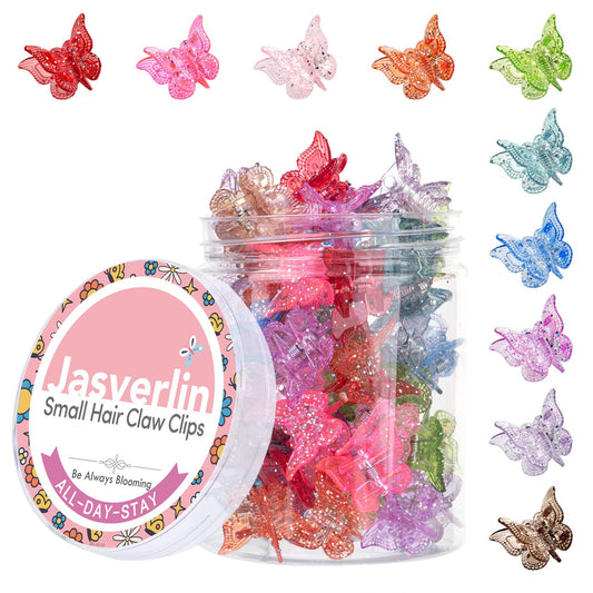 JASVERLIN Glitter Mini Butterfly Hair Claw Clips, Sparkly Colorful Hair Accessories for Girls and Women - 90s Y2K Cute, Small, Tiny Clip in 10 Assorted Colors, Set of 50 (Glitter)