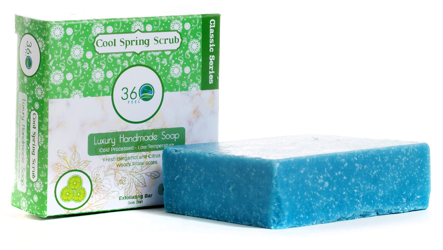 360Feel Men's Cool Spring Scrub Soap -5oz Castile Handmade Soap bar -Bold Masculine fresh bergamot citrus woody floral notes- Essential Oil Natural Soaps- Gift ready