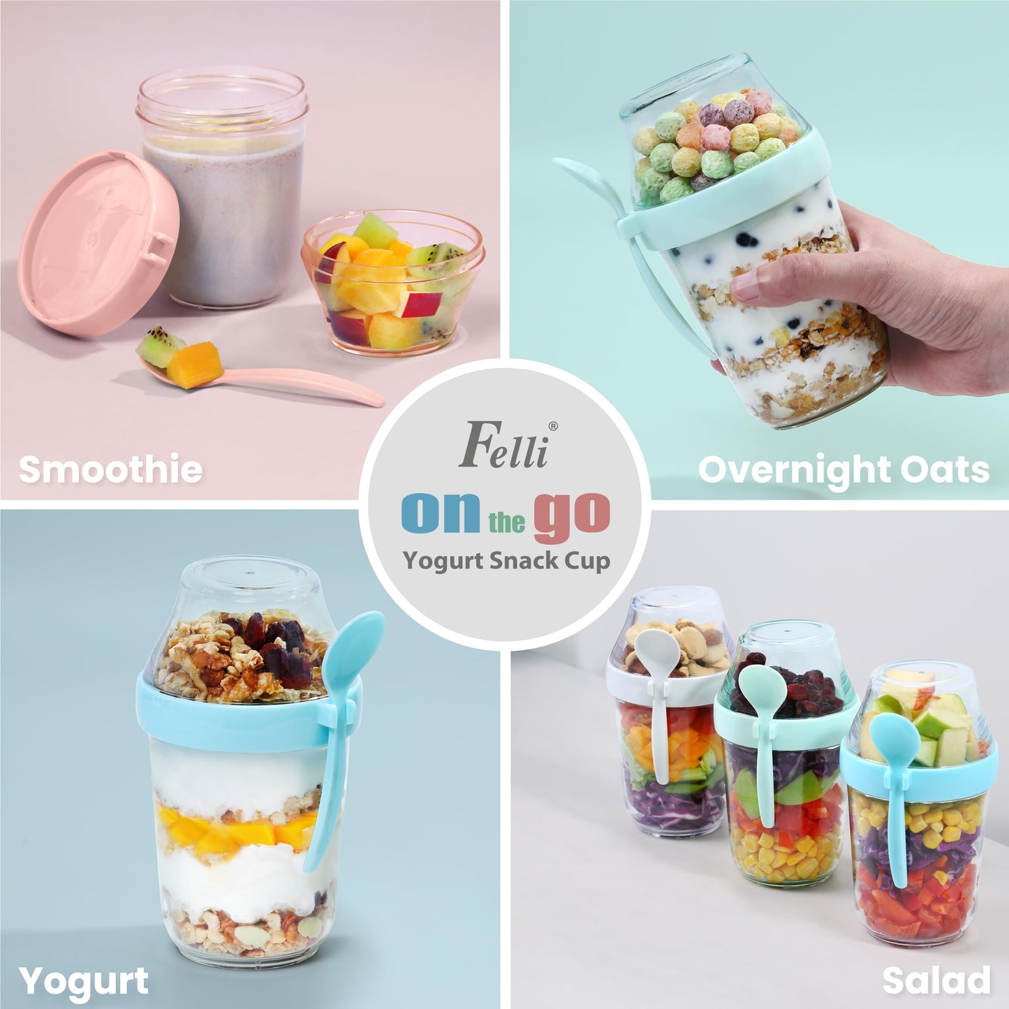 Vaso para merienda con parfait de yogur Felli On the Go con tapa, 100 % a prueba de fugas, cuchara de viaje, soporte para granola, recipiente para avena nocturna, fruta, desayuno para llevar, frasco para senderismo (2, blanco)