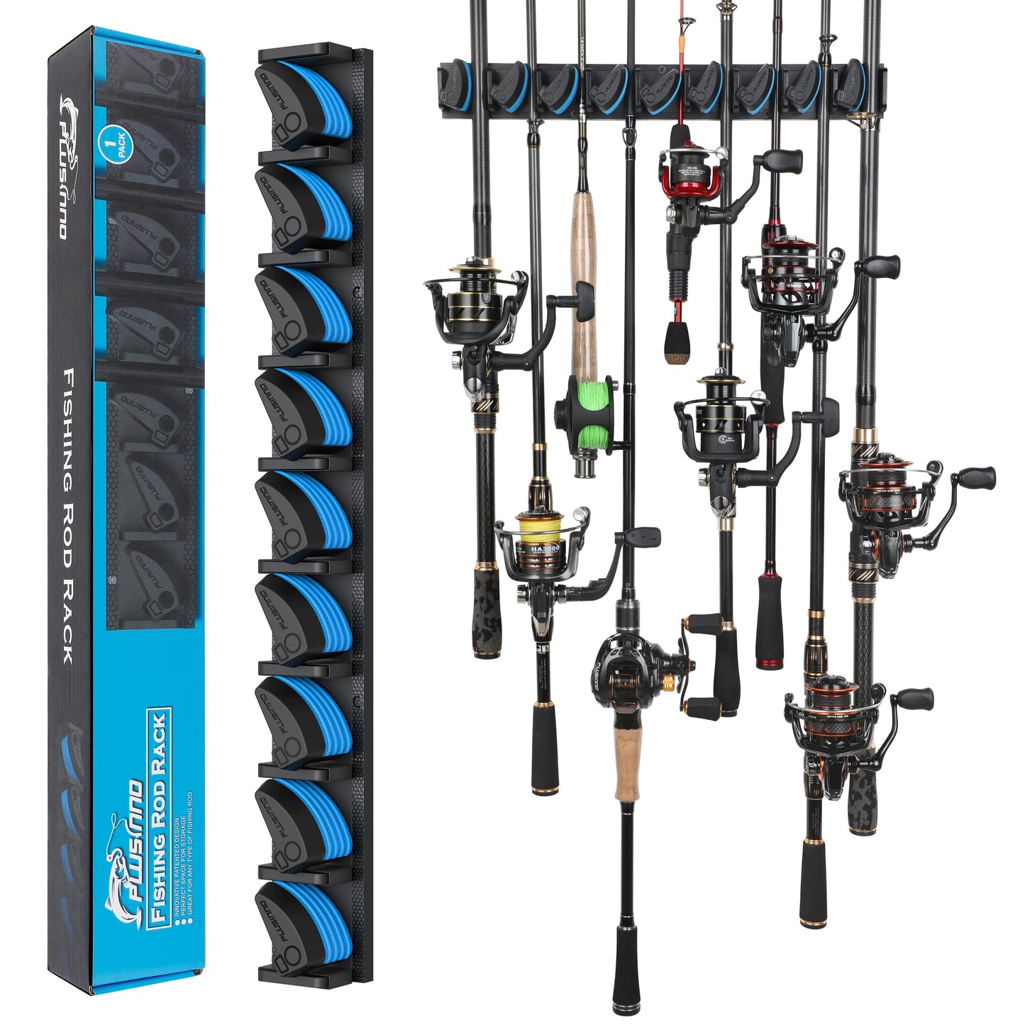 PLUSINNO Vertical Fishing Rod Holder, Wall Mounted Fishing Rod Rack, Fishing Pole Holder Holds Up to 9 Rods or Combos, Fishing Rod Holders for Garage, Fits Most Rods of Diameter 3-19mm