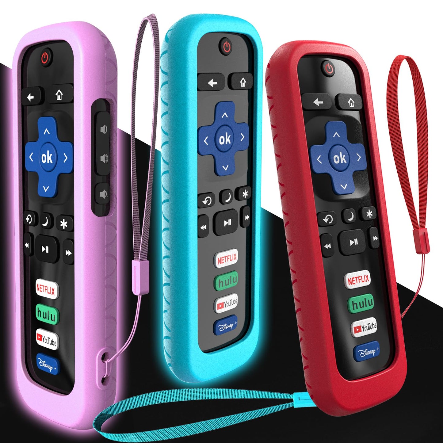 3Pack Cover for Roku Stick Remote, Case Compatible with Hisense TV Controller, Silicone Sleeve for TCL Smart TV Control Holder Glow in The Dark Purple Blue Red