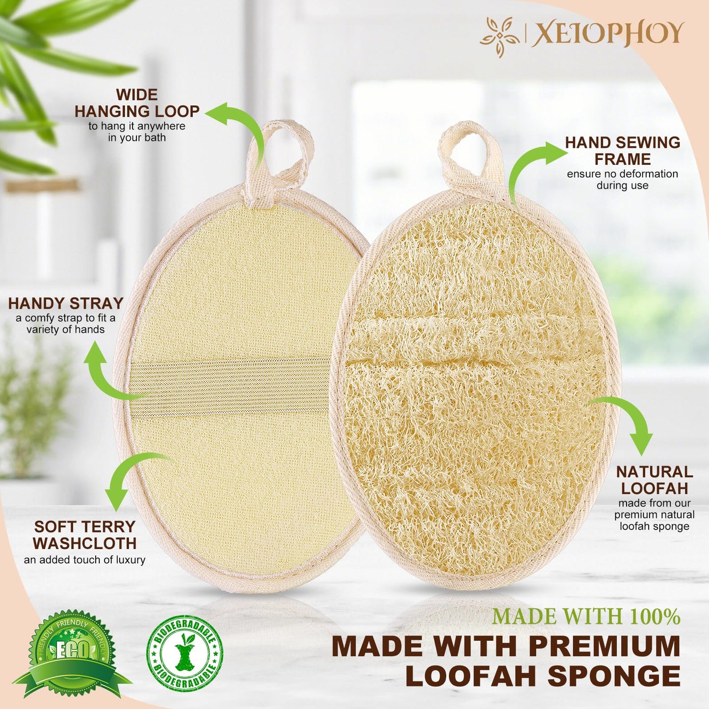 Xeiophoy 2PCS Premium Natural Loofah Sponge Exfoliating Body Scrubber, Shower Loofah for Men, Women and Kids, Shower Scrubber for Body and Face, Made with Eco-Friendly and Biodegradable Luffa Sponge